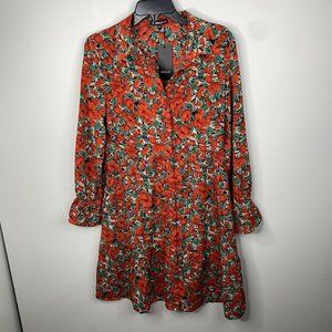 NWT Sheilay Womens M Red Floral Flowers Long Sleeve Button Up Dress